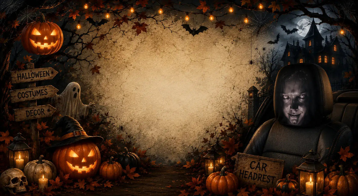 Halloween-themed digital background featuring a spooky haunted house, jack-o'-lanterns, candles, a ghost, and a car headrest with a creepy painted face, surrounding an empty textured center.
