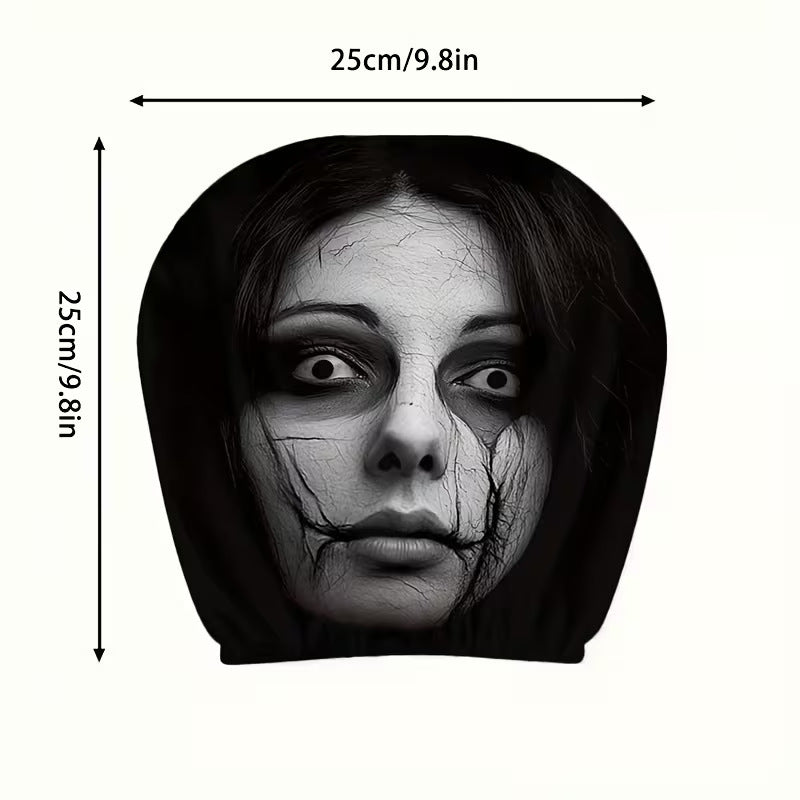 Cracked doll face car headrest cover shown with 9.8 by 9.8 inch dimensions