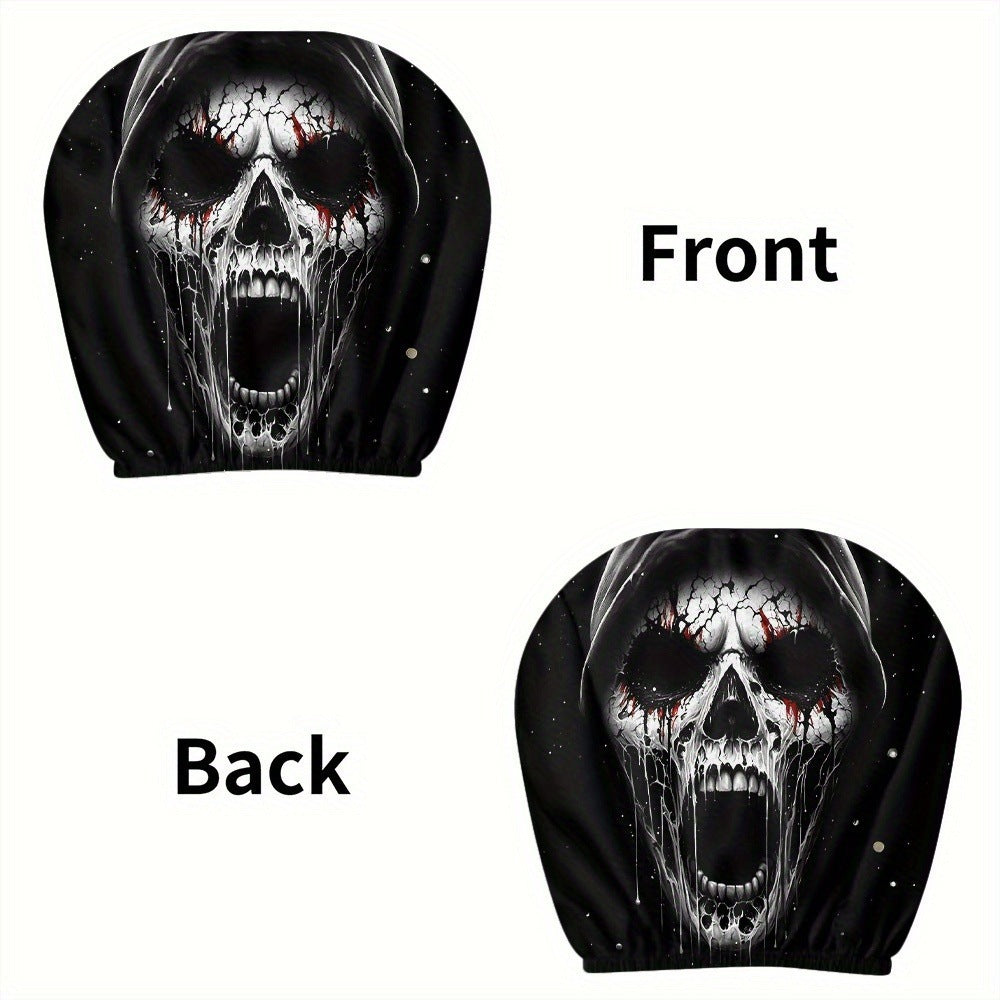 Front and back of a black car headrest cover with a screaming hooded skull