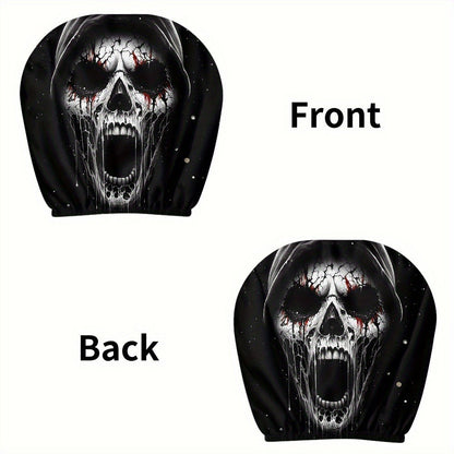 Front and back of a black car headrest cover with a screaming hooded skull